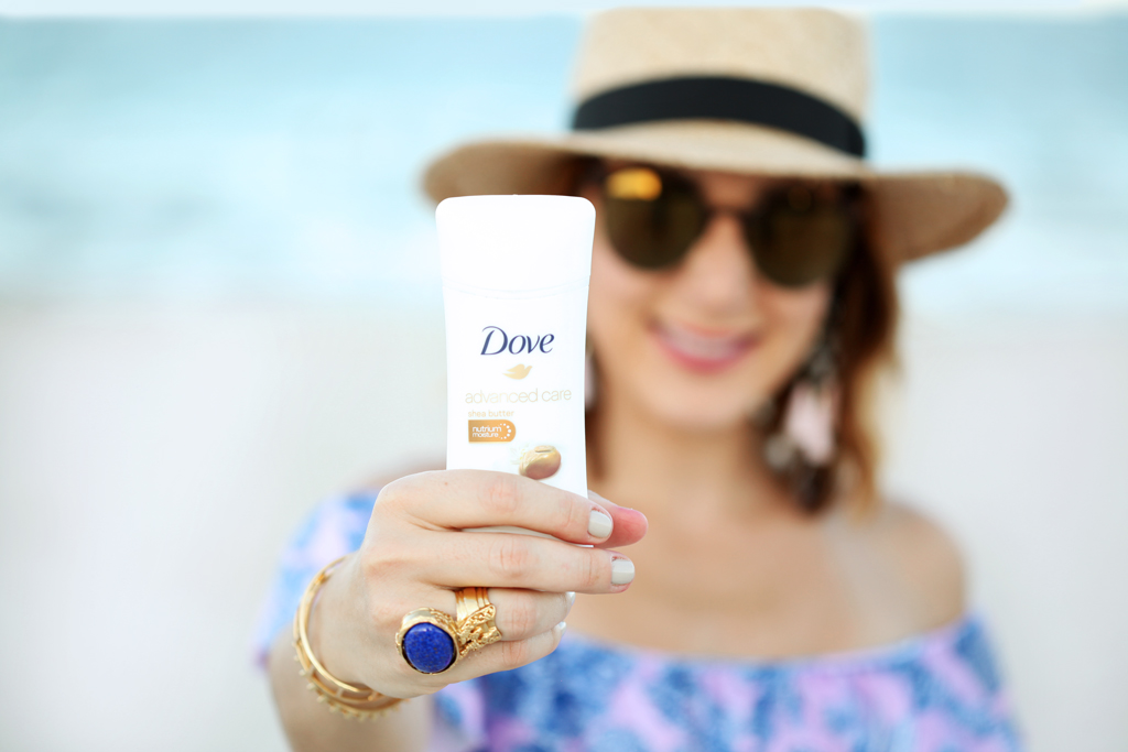 Blame-it-on-Mei-Miami-Fashion-Beauty-Blogger-2016-Dove-Dove Advanced Care Antiperspirant Deoderant-Beach-Look-Swimsuit-Outfit-Off-The-Shoulder-Bikini-Bathing-Suit-Pom-Beach-Bag-Tassel-Earrings