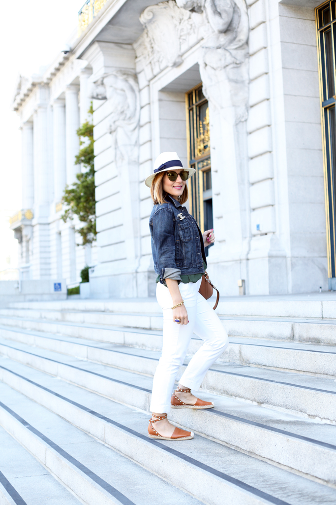 Blame-it-on-Mei-Miami-Fashion-Travel-Blogger-San-Francisco-2016-Summer-Look-White-Trousers-with-Denim-Jacket-Chanel-Pin-Givenchy-Antigona-Caramel-Panama-Hat-Valentino-Rockstud-Espadrille