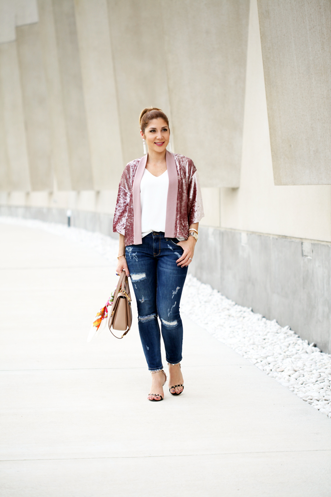 Blame-it-on-Mei-Miami-Fashion-Blogger-2016-Velvet-Kimono-Jacket-Rose-Quartz-with-Denim-Valentino-Rockstud-Sandals-Tassel-Earrings-Casual-Look-Transition-to-Fall-Outfit
