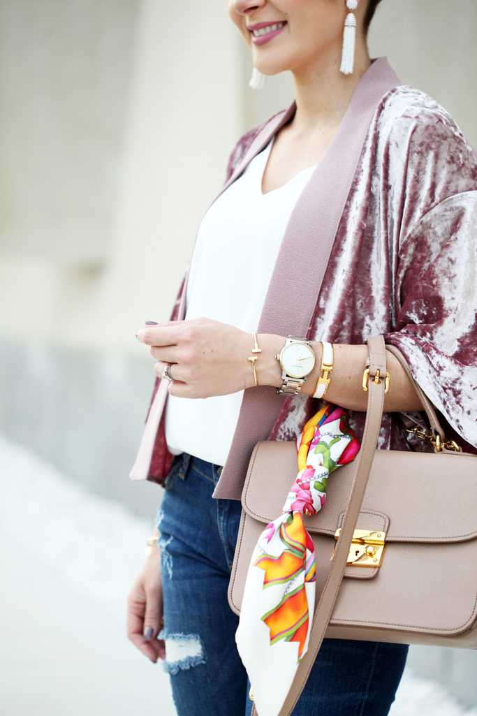 Blame-it-on-Mei-Miami-Fashion-Blogger-2016-Velvet-Kimono-Jacket-Rose-Quartz-with-Denim-Valentino-Rockstud-Sandals-Tassel-Earrings-Casual-Look-Transition-to-Fall-Outfit
