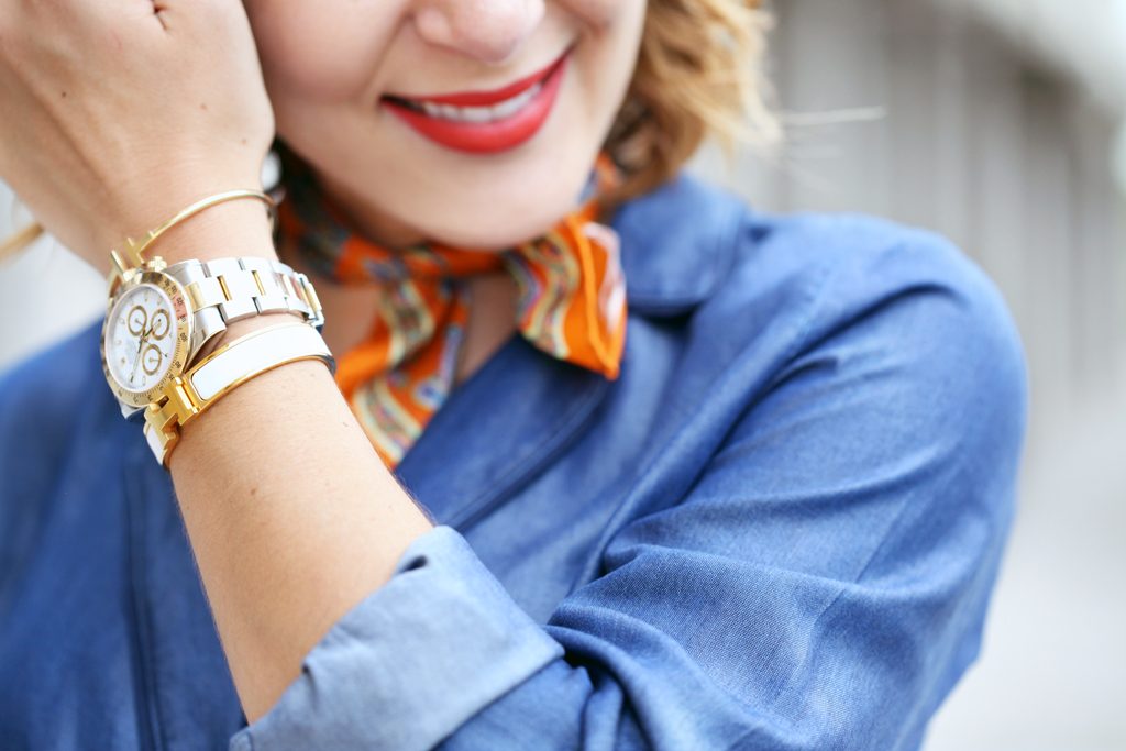 Blame-it-on-Mei-Miami-Fashion-Blogger-2016-Chambray-Denim-Jumpsuit-Fall-Outfit-Transiton-Look-Blush-Patent-Louboutin-So-Kate-Gucci-Soho-Neck-Scarf-Soft-Curls-Short-Hair