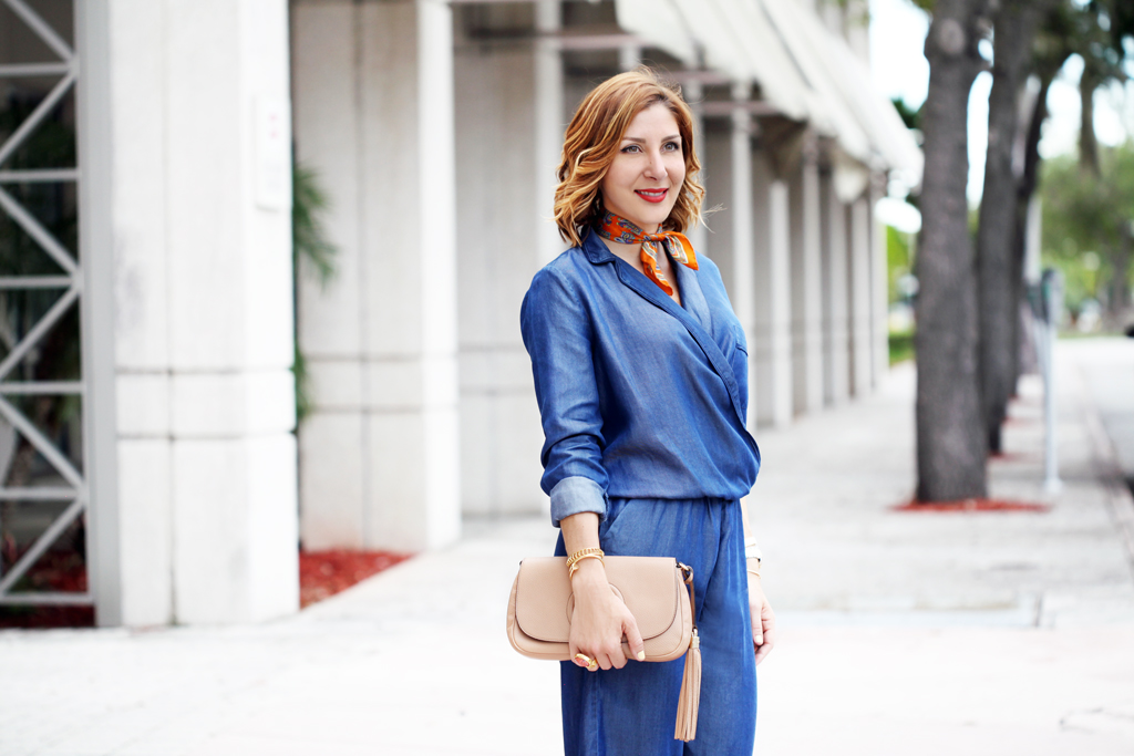 Blame-it-on-Mei-Miami-Fashion-Blogger-2016-Chambray-Denim-Jumpsuit-Fall-Outfit-Transiton-Look-Blush-Patent-Louboutin-So-Kate-Gucci-Soho-Neck-Scarf-Soft-Curls-Short-Hair