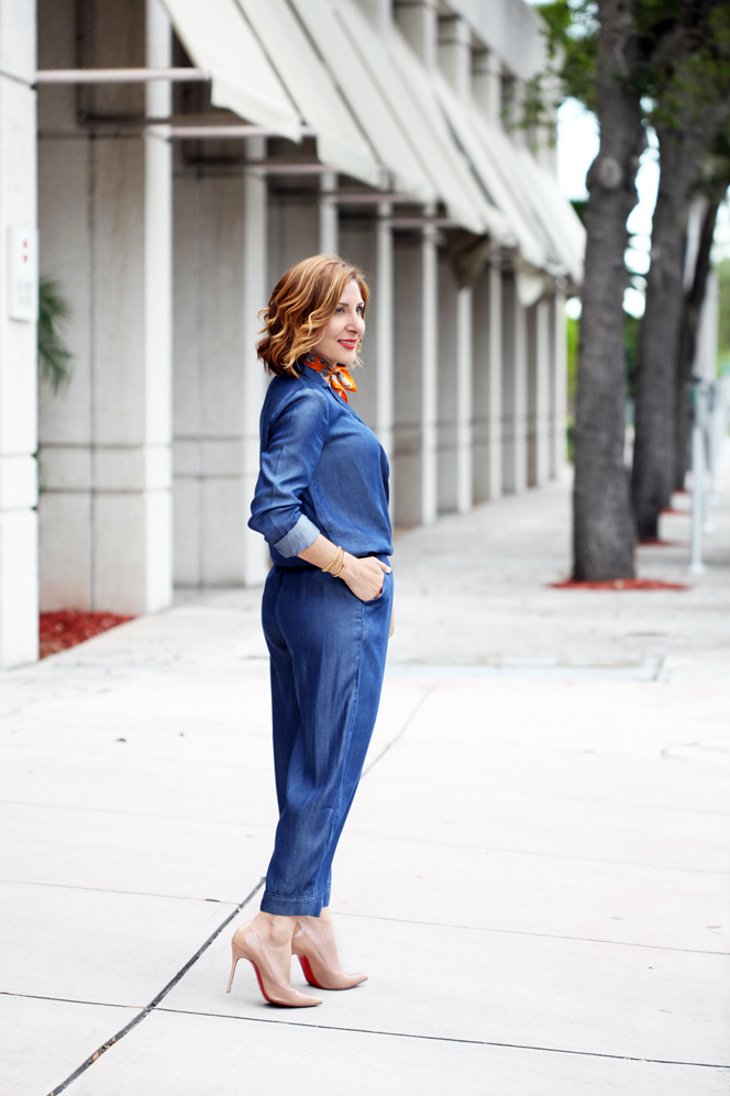 Blame-it-on-Mei-Miami-Fashion-Blogger-2016-Chambray-Denim-Jumpsuit-Fall-Outfit-Transiton-Look-Blush-Patent-Louboutin-So-Kate-Gucci-Soho-Neck-Scarf-Soft-Curls-Short-Hair