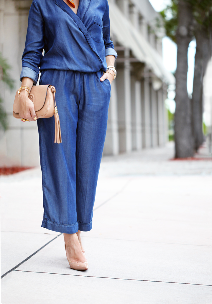 Blame-it-on-Mei-Miami-Fashion-Blogger-2016-Chambray-Denim-Jumpsuit-Fall-Outfit-Transiton-Look-Blush-Patent-Louboutin-So-Kate-Gucci-Soho-Neck-Scarf-Soft-Curls-Short-Hair