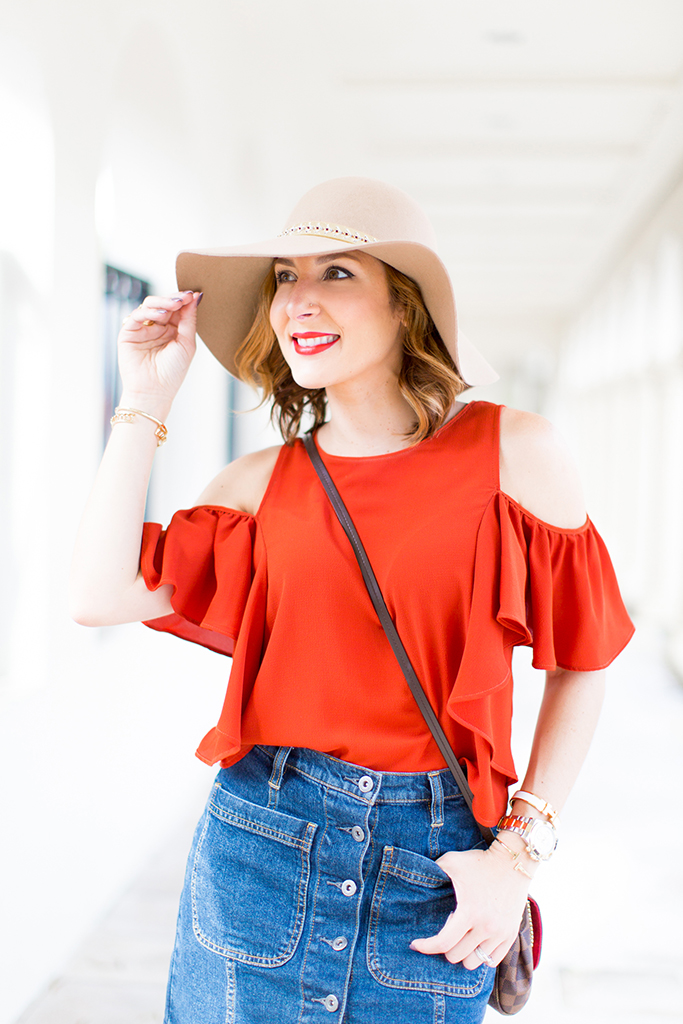 -Blame-it-on-Mei-Miami-Fashion-Blogger-2016-Cold-Shoulder-Top-Denim-Skirt-Floppy-Hat-Transition-To-Fall-Look-Casual-Outfit-LV-Favorite-PM-Valentino-City-Sandal-Metallic