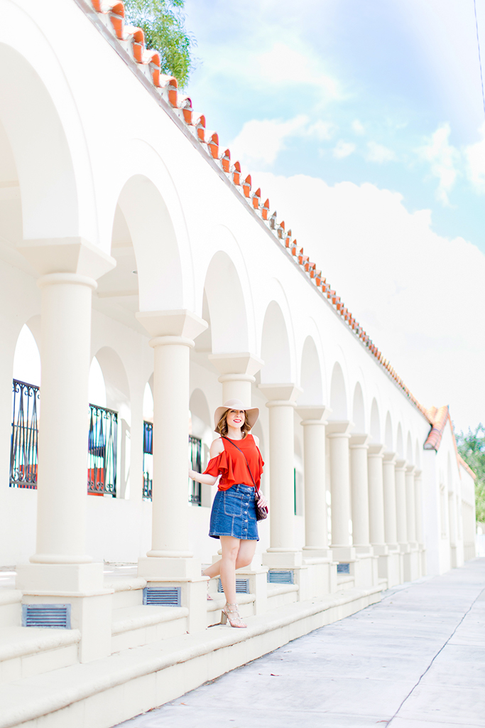 -Blame-it-on-Mei-Miami-Fashion-Blogger-2016-Cold-Shoulder-Top-Denim-Skirt-Floppy-Hat-Transition-To-Fall-Look-Casual-Outfit-LV-Favorite-PM-Valentino-City-Sandal-Metallic