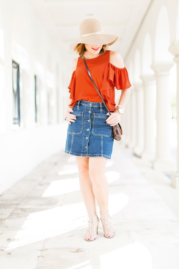 -Blame-it-on-Mei-Miami-Fashion-Blogger-2016-Cold-Shoulder-Top-Denim-Skirt-Floppy-Hat-Transition-To-Fall-Look-Casual-Outfit-LV-Favorite-PM-Valentino-City-Sandal-Metallic