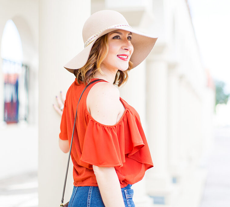 -Blame-it-on-Mei-Miami-Fashion-Blogger-2016-Cold-Shoulder-Top-Denim-Skirt-Floppy-Hat-Transition-To-Fall-Look-Casual-Outfit-LV-Favorite-PM-Valentino-City-Sandal-Metallic