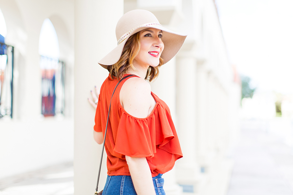 -Blame-it-on-Mei-Miami-Fashion-Blogger-2016-Cold-Shoulder-Top-Denim-Skirt-Floppy-Hat-Transition-To-Fall-Look-Casual-Outfit-LV-Favorite-PM-Valentino-City-Sandal-Metallic