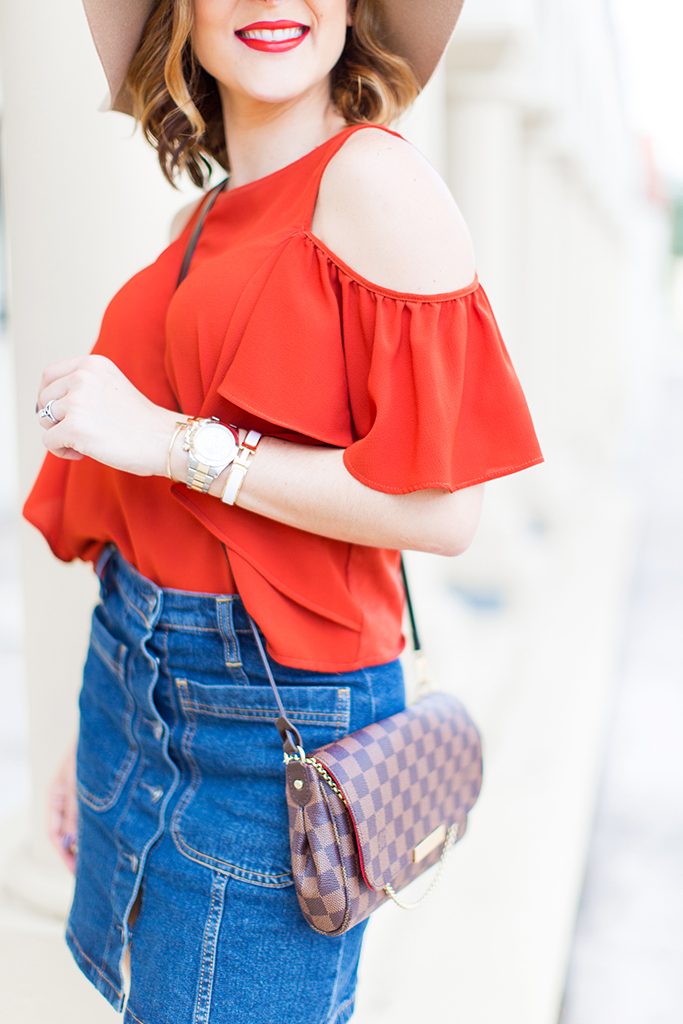 -Blame-it-on-Mei-Miami-Fashion-Blogger-2016-Cold-Shoulder-Top-Denim-Skirt-Floppy-Hat-Transition-To-Fall-Look-Casual-Outfit-LV-Favorite-PM-Valentino-City-Sandal-Metallic