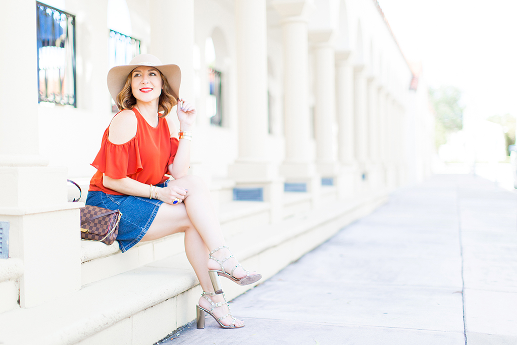 -Blame-it-on-Mei-Miami-Fashion-Blogger-2016-Cold-Shoulder-Top-Denim-Skirt-Floppy-Hat-Transition-To-Fall-Look-Casual-Outfit-LV-Favorite-PM-Valentino-City-Sandal-Metallic