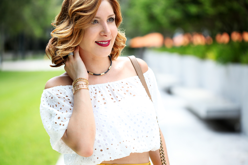 Blame-it-on-Mei-Miami-Fashion-Blogger-2016-Elegant-Look-Date-Nigt-Outfit-Choker-Shoulder-Crochet-Top-Mustard-Yellow-Culottes-Waves-on-Short-Hair-Louboutin-Leopard-Heels-Chanel-Boy