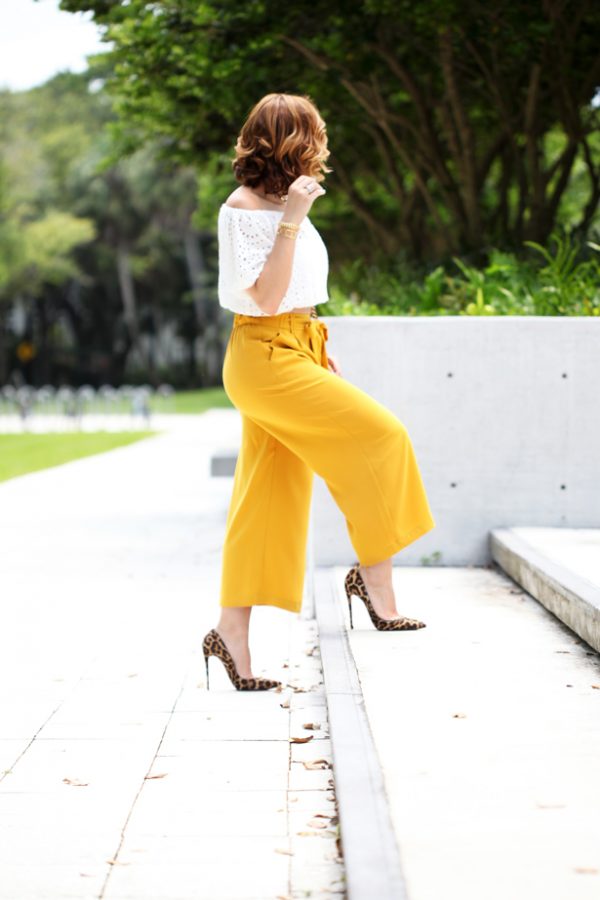 Blame-it-on-Mei-Miami-Fashion-Blogger-2016-Elegant-Look-Date-Nigt-Outfit-Choker-Shoulder-Crochet-Top-Mustard-Yellow-Culottes-Waves-on-Short-Hair-Louboutin-Leopard-Heels-Chanel-Boy