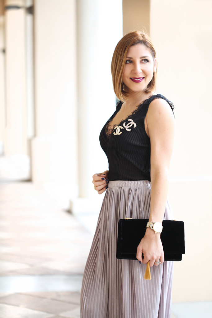 Blame-it-on-Mei-Miami-Fashion-Blogger-2016-Thanksgiving-Look-Holiday-Outfit-Pleated-Metallic-Midi-Skirt-Lace-Tank-Cami-YSL-Velvet-Handbag-Chanel-Pin-Brooch-Valentino-Rockstud-in-Black