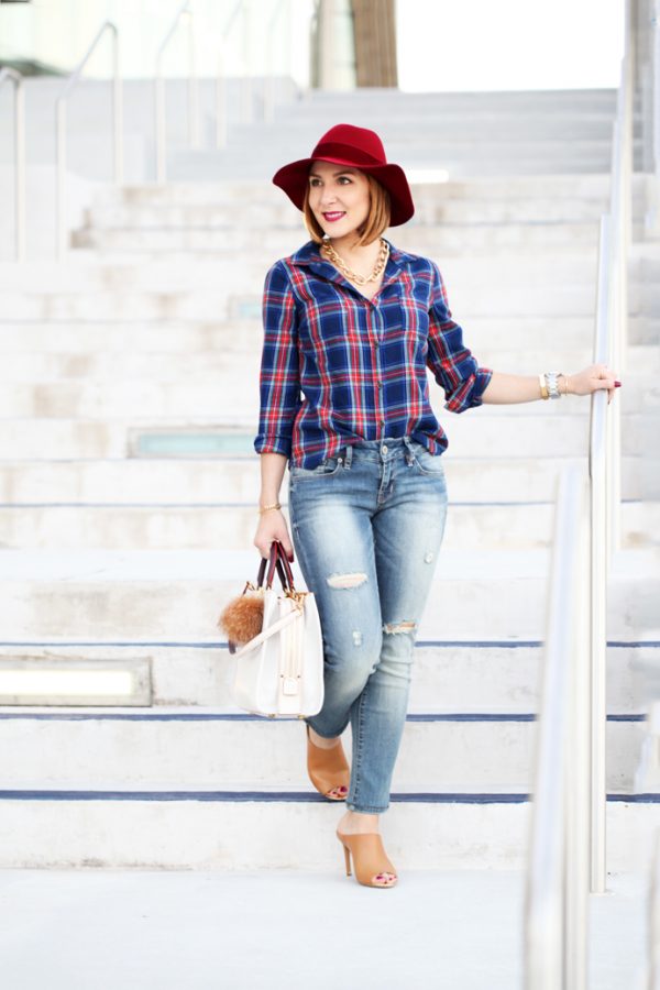 Blame-it-on-Mei-Miami-Fashion-Blogger-2016-Plaid-Long-Sleeve-Distressed-Denim-Jeans-Mules-Coach-Rogue-Red-Hat-Casual-Fall-Oufit-Autumn-Look