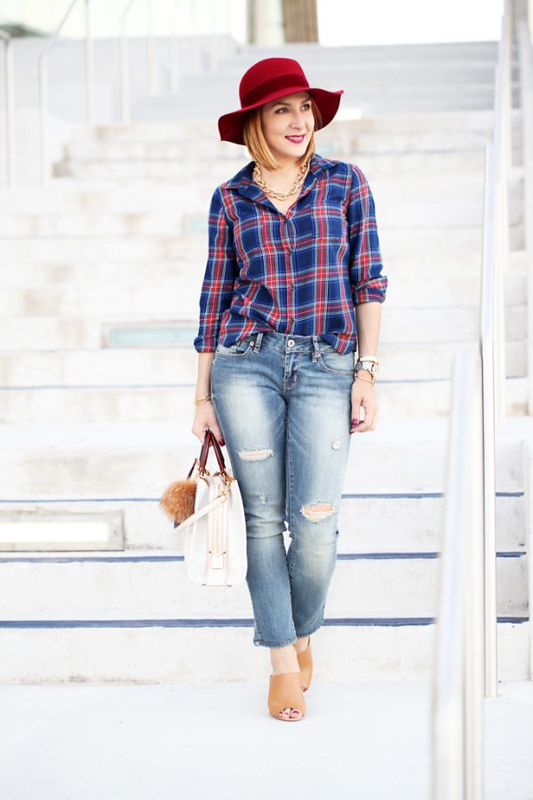 Blame-it-on-Mei-Miami-Fashion-Blogger-2016-Plaid-Long-Sleeve-Distressed-Denim-Jeans-Mules-Coach-Rogue-Red-Hat-Casual-Fall-Oufit-Autumn-Look