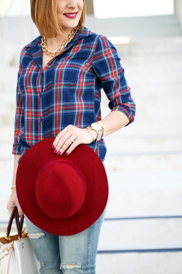 Blame-it-on-Mei-Miami-Fashion-Blogger-2016-Plaid-Long-Sleeve-Distressed-Denim-Jeans-Mules-Coach-Rogue-Red-Hat-Casual-Fall-Oufit-Autumn-Look