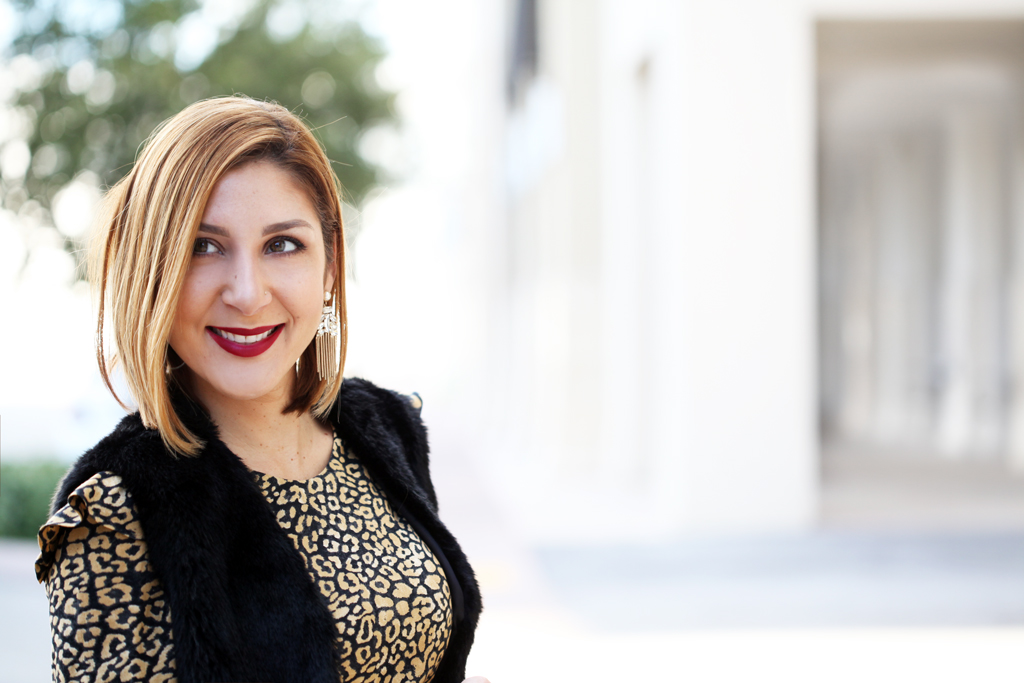 Blame-it-on-Mei-Miami-Fashion-Blogger-2016-Thanksgiving-Look-Holiday-Outfit-Animal-Print-Dress-Faux-Fur-Vest-Louboutin-Iriza-Patent-YSL-Velvet-Clutch-Chandelier-Earrrings