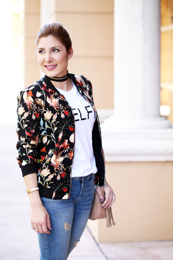 All About That Célfie: Destroyed Jeans + Floral Bomber Jacket - Blame ...