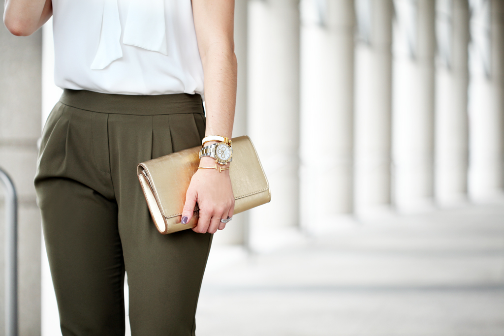 Blame-it-on-Mei-Miami-Fashion-Blogger-2016-Olive-Green-Trousers-White-Blouse-with-Bow-Gold-LV-Clutch-Leopard-Sandals-Valentino-Rockstud