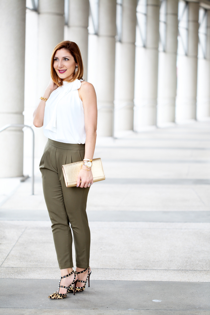 Blame-it-on-Mei-Miami-Fashion-Blogger-2016-Olive-Green-Trousers-White-Blouse-with-Bow-Gold-LV-Clutch-Leopard-Sandals-Valentino-Rockstud