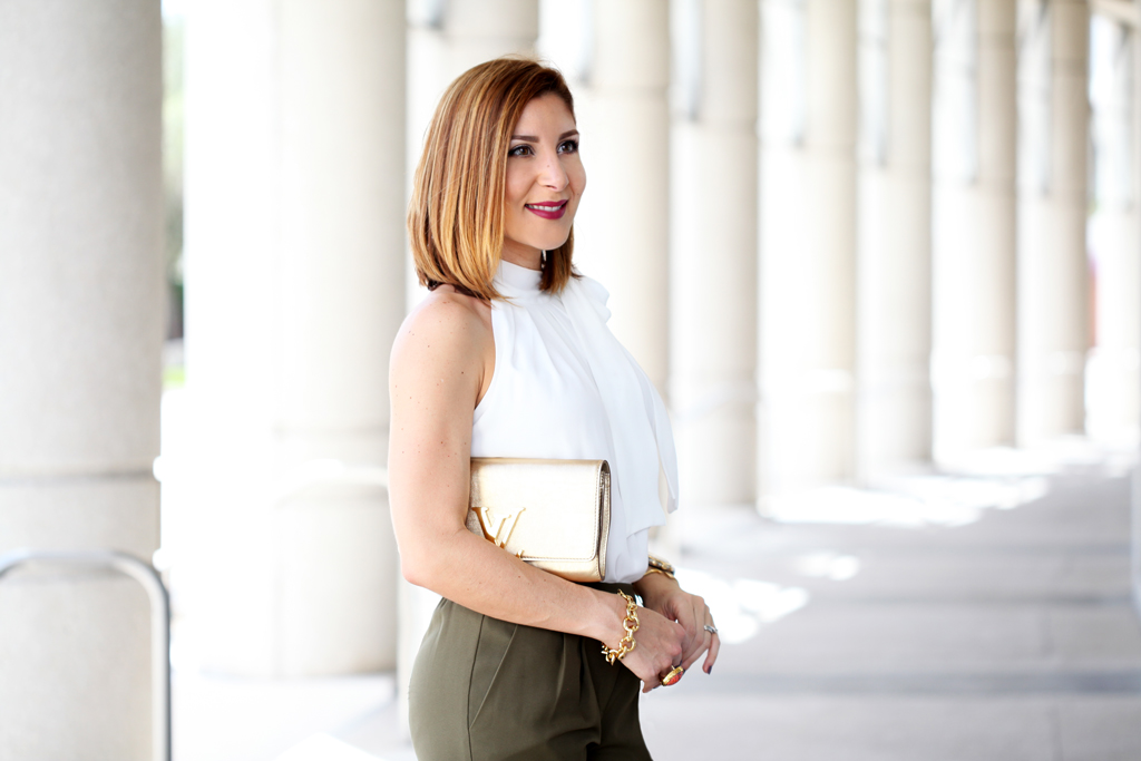 Blame-it-on-Mei-Miami-Fashion-Blogger-2016-Olive-Green-Trousers-White-Blouse-with-Bow-Gold-LV-Clutch-Leopard-Sandals-Valentino-Rockstud