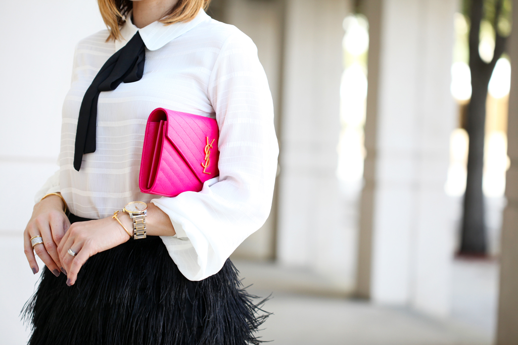 Blame-it-on-Mei-Miami-Fashion-Blogger-2016-Holiday-Look-Feather-Skirt-with-Bow-Tie-Blouse-Top-Louboutin-Black-Iriza-D'Orsay-Patent-Fucshia-YSL-Clutch-Xmas-Outfit