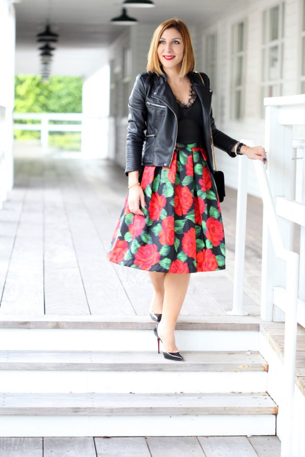 Blame-it-on-Mei-Miami-Fashion-Blogger-2016-Holiday-Look-Floral-Skirt-with-Black-Moto-Jacket-Lace-Top-Louboutin-Black-Iriza-DOrsay-Patent-YSL-Tassel-Xmas-Outfit