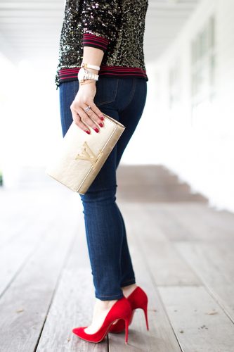 Blame-it-on-Mei-Miami-Fashion-Blogger-2016-Holiday-Outfit-NYE-Look-Sequin-Bomber-Jacket-High-Rise-Jeans-Suede-Red-Pumps-Gold-LV-Louise-Clutch-Chanel-Brooch-Pin