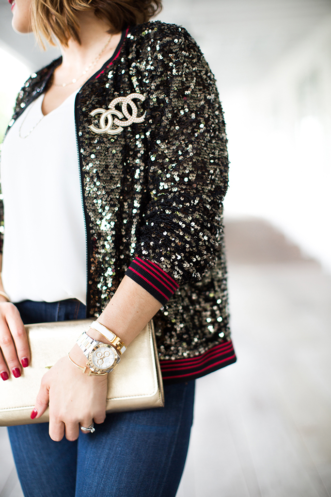 Blame-it-on-Mei-Miami-Fashion-Blogger-2016-Holiday-Outfit-NYE-Look-Sequin-Bomber-Jacket-High-Rise-Jeans-Suede-Red-Pumps-Gold-LV-Louise-Clutch-Chanel-Brooch-Pin