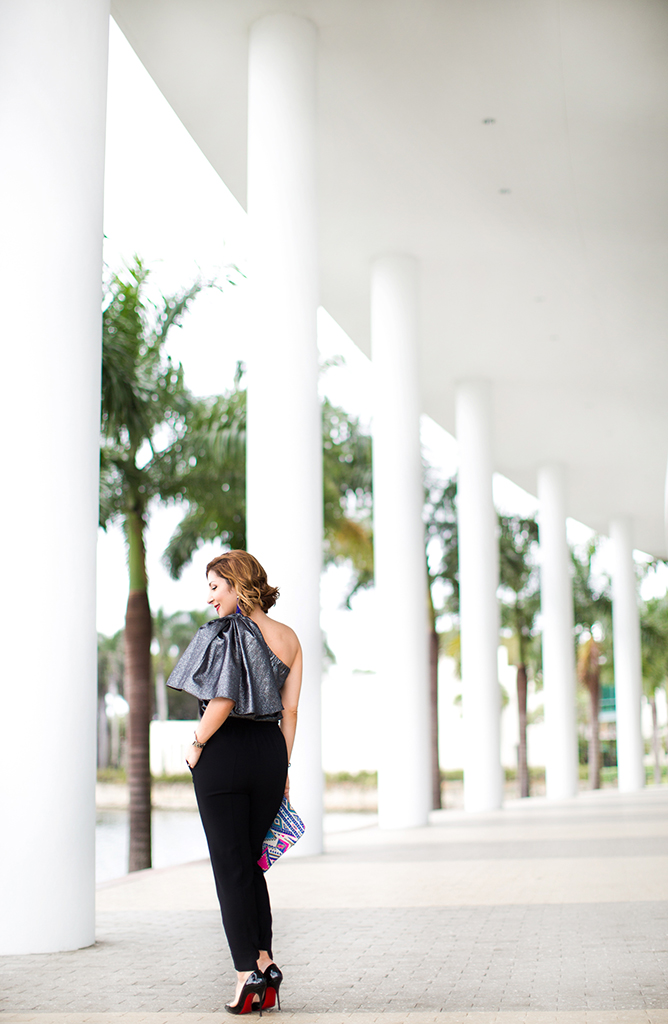 Blame-it-on-Mei-Miami-Fashion-Blogger-2016-Holiday-Outfit-NYE-Look-Metallic-Asymetric-Top-with-Ruffle-Joggers-Patent-Iriza-Louboutin-Beaded-Clutch-Tassel-Earrings-Curls-Short-Hair