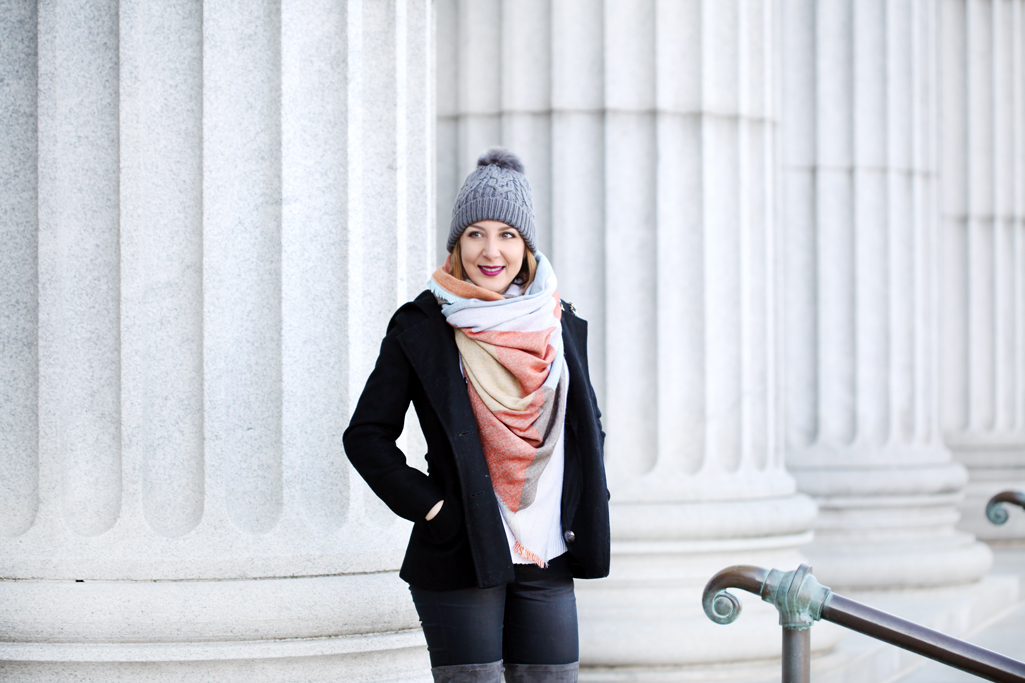 Blame-it-on-Mei-Miami-Fashion-Travel-Blogger-2016-Winter-Fall-Look-How-To-Wear-Blanket-Scarf-Pom-Beanie-Gray-Over-The-Knee-Boots-with-Jeans-Minneapolis-Instititute-of-Art-Chanel-Classic