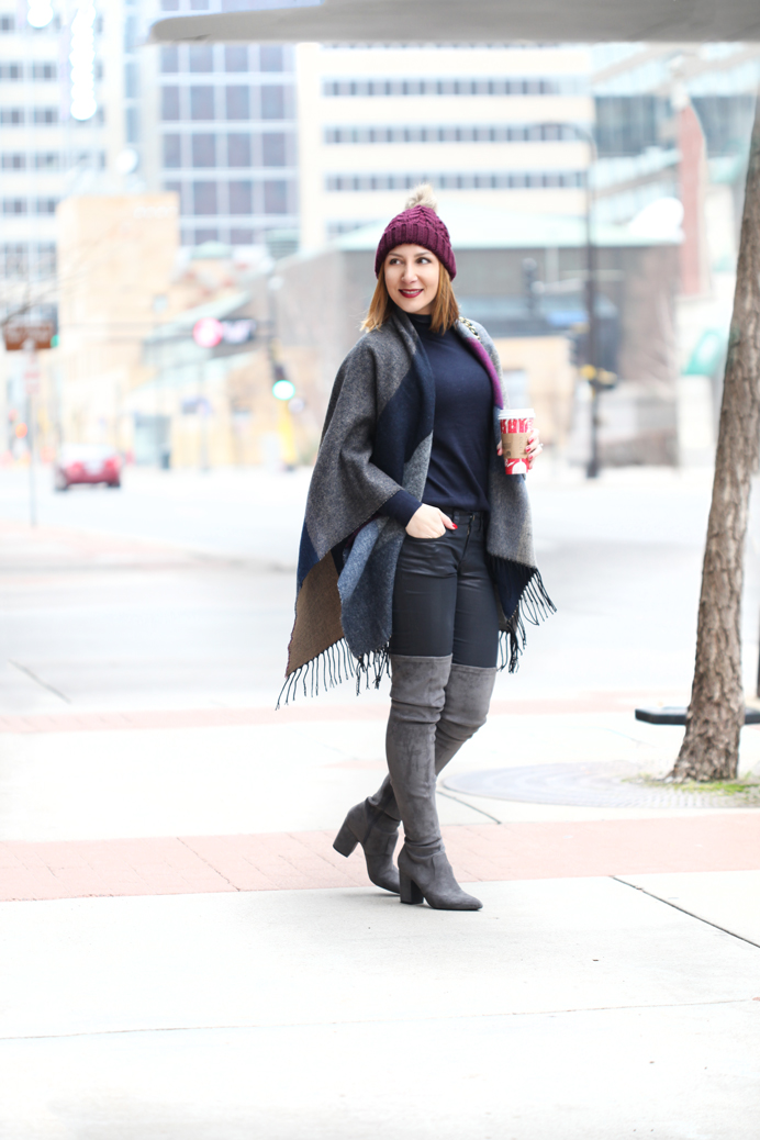 Blame-it-on-Mei-Miami-Fashion-Travel-Blogger-2016-Winter-Fall-Look-How-To-Wear-Poncho-Pom-Beanie-Gray-Over-The-Knee-Boots-with-Jeans-Geometric-Cape-Minneapolis
