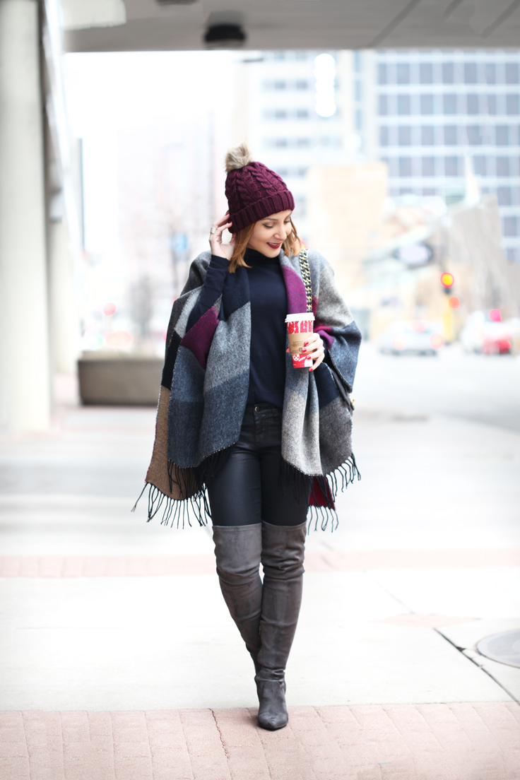 Blame-it-on-Mei-Miami-Fashion-Travel-Blogger-2016-Winter-Fall-Look-How-To-Wear-Poncho-Pom-Beanie-Gray-Over-The-Knee-Boots-with-Jeans-Geometric-Cape-Minneapolis