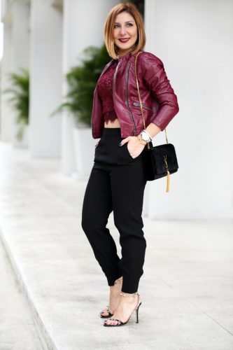 Blame-it-on-Mei-Miami-Fashion-Blogger-2016-Art-Basel-Miami-Lace-Crop-Top-With-Moto-Jacket-Joggers-Date-Night-Look-YSL-Tassel-Valentino-Rockstud-Sandal