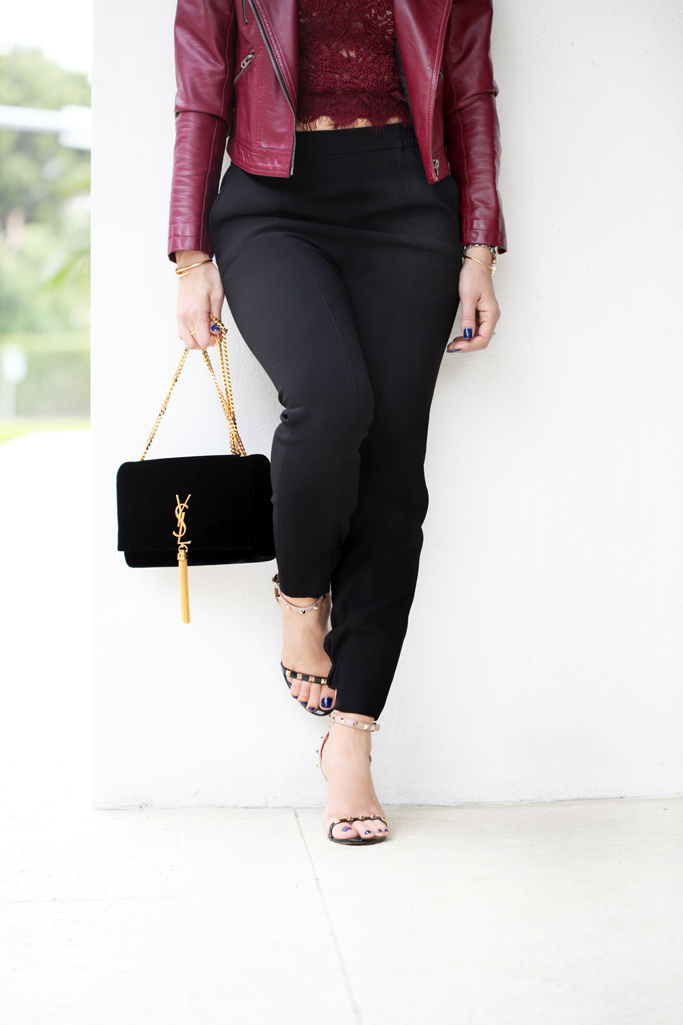 Blame-it-on-Mei-Miami-Fashion-Blogger-2016-Art-Basel-Miami-Lace-Crop-Top-With-Moto-Jacket-Joggers-Date-Night-Look-YSL-Tassel-Valentino-Rockstud-Sandal