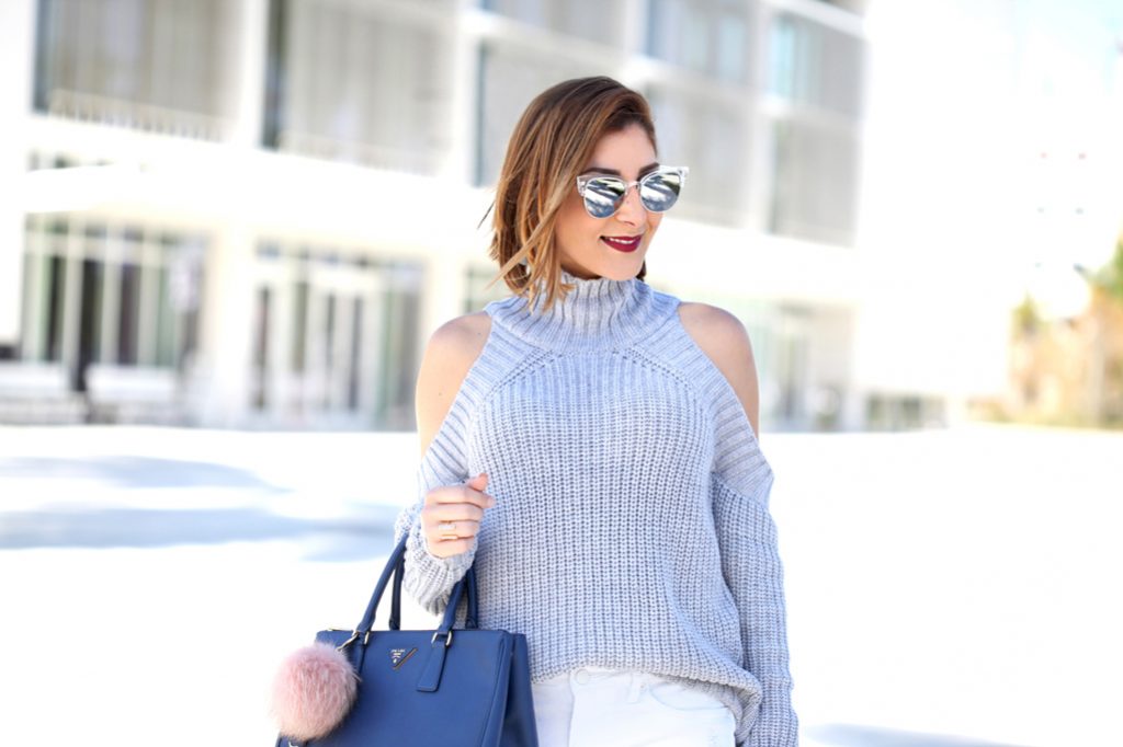Blame-it-on-Mei-Miami-Fashion-Blogger-2017-Casual-Outfit-Fall-Look-Knit-Sweater-Cold-Shoulder-Steve-Madden-Larah-OTK-Boots-Prada-Saffiano-Blue-Baublebar-Ellis-Drop-Earrings