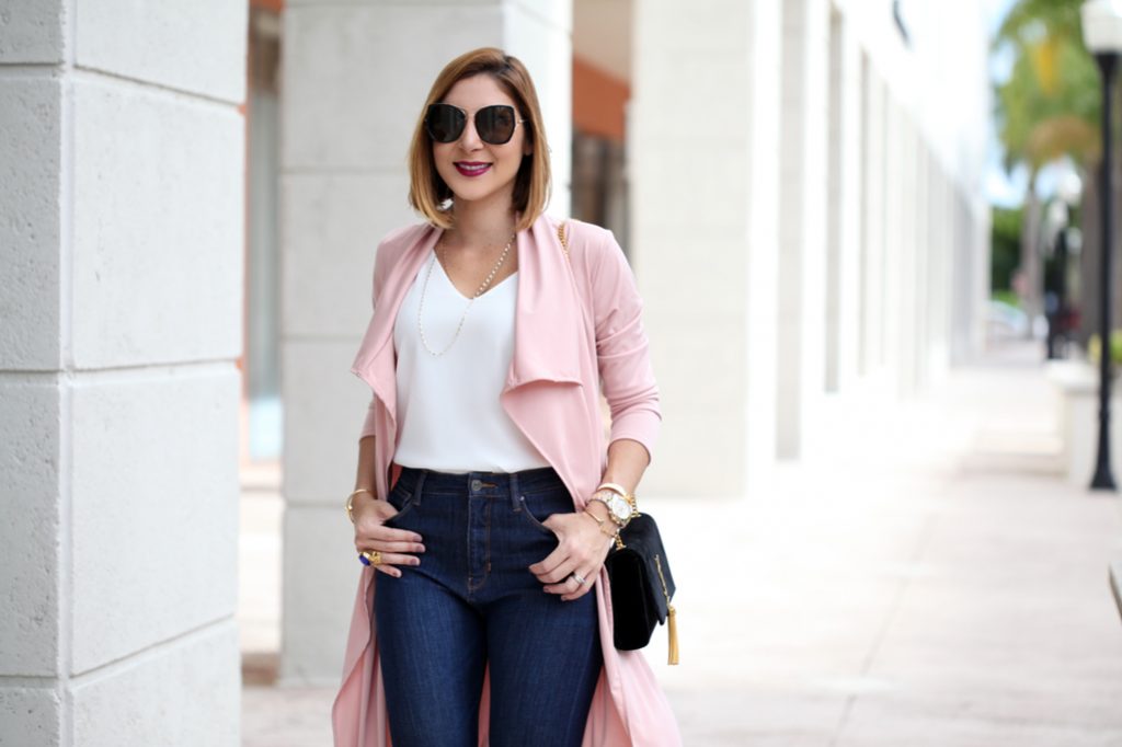 Blame-it-on-Mei-Miami-Fashion-Blogger-2017-Casual-Valentines-Day-Look-Pink-Duster-Jeans-YSL-Suede-Tassel-Handbag-Leopard-Louboutin-Heels