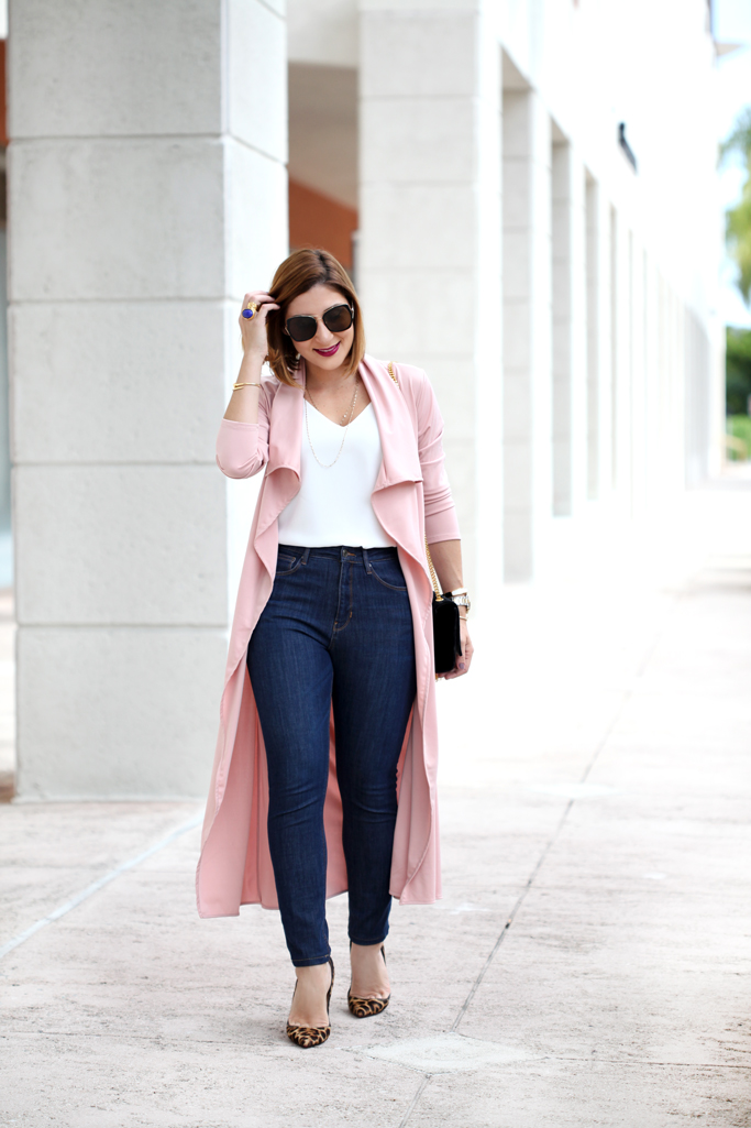 Blame-it-on-Mei-Miami-Fashion-Blogger-2017-Casual-Valentines-Day-Look-Pink-Duster-Jeans-YSL-Suede-Tassel-Handbag-Leopard-Louboutin-Heels