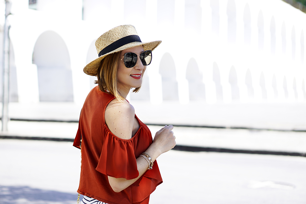 -Blame-it-on-Mei-Miami-Fashion-Travel-Blogger-2017-Rio-de-Janeiro-Aqueduct-Travel-Look-Casual-Outfit-Straw-Boater-Hat-Cold-Shoulder-Top-Stripe-Shorts-Tassel-Earrings