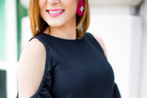 Blame-it-on-Mei-Miami-Fashion-Blogger-2016-Black-Cold-Shoulder-Dress-Classy-Look-Elegant-Wedding-Outfit-YSL-Fuschia-Clutch-Valentino-Rockstuds-Sandals