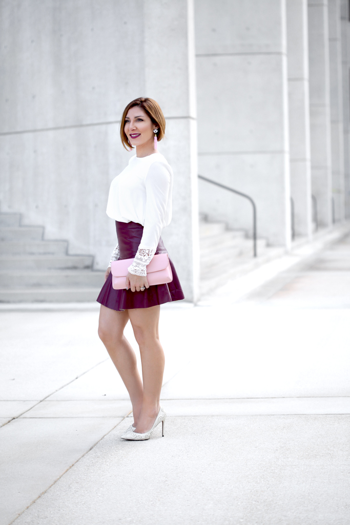 Blame-it-on-Mei-Miami-Fashion-Blogger-2017-Valentines-Day-Look-Date-Night-Outfit-White-Blouse-with-Burgundy-Maroon-Short-Skater-Skirts-Pink-Diana-Tory-Burch-Clutch-Tassel-Earrings
