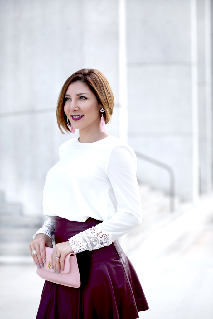 Blame-it-on-Mei-Miami-Fashion-Blogger-2017-Valentines-Day-Look-Date-Night-Outfit-White-Blouse-with-Burgundy-Maroon-Short-Skater-Skirts-Pink-Diana-Tory-Burch-Clutch-Tassel-Earrings