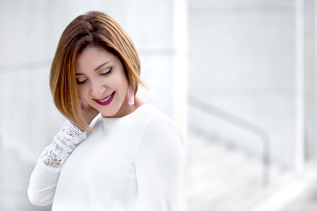 Blame-it-on-Mei-Miami-Fashion-Blogger-2017-Valentines-Day-Look-Date-Night-Outfit-White-Blouse-with-Burgundy-Maroon-Short-Skater-Skirts-Pink-Diana-Tory-Burch-Clutch-Tassel-Earrings