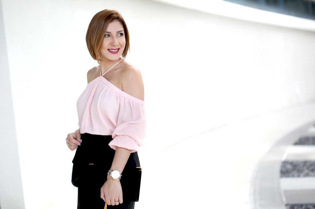 Blame-it-on-Mei-Miami-Fashion-Blogger-2017-Date-Night-Valentines-Day-Look-Pink-Halter-Off-The-Shoulder-Top-Wrap-Bow-Skirt-YSL-Velvet-Suede-Clutch-Valentino-Sandals-Tassel-Earrings