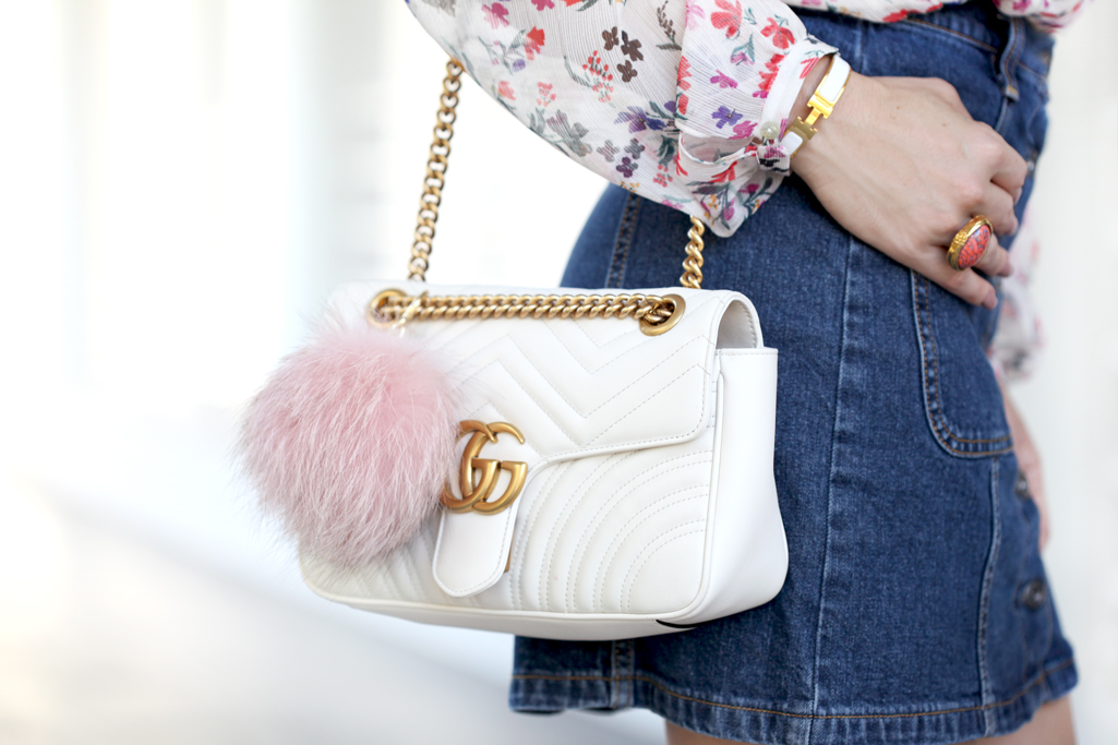 Blame-it-on-Mei-Miami-Fashion-Blogger-2017-Casual-Look-Floral-Cold-Shoulder-Button-Denim-Skirt-Valentino-City-Rockstud-Sandals-White-Gucci-GG-Marmont-Chevron