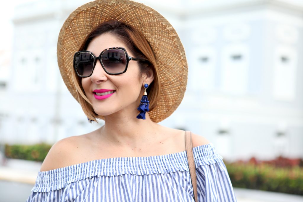Blame-it-on-Mei-Miami-Fashion-Blogger-Travel-Blog-2017-Casual-Spring-Summer-Look-Casual-Outfit-Bow-Off-The-Shoulder-Top-with-Black-Shorts-Boater-Hat-Lace-up-Sandals-Gucci-Soho-Puerto-Rico