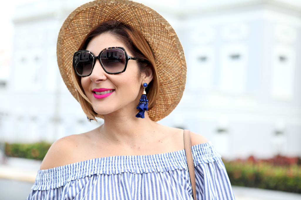Blame-it-on-Mei-Miami-Fashion-Blogger-Travel-Blog-2017-Casual-Spring-Summer-Look-Casual-Outfit-Bow-Off-The-Shoulder-Top-with-Black-Shorts-Boater-Hat-Lace-up-Sandals-Gucci-Soho-Puerto-Rico