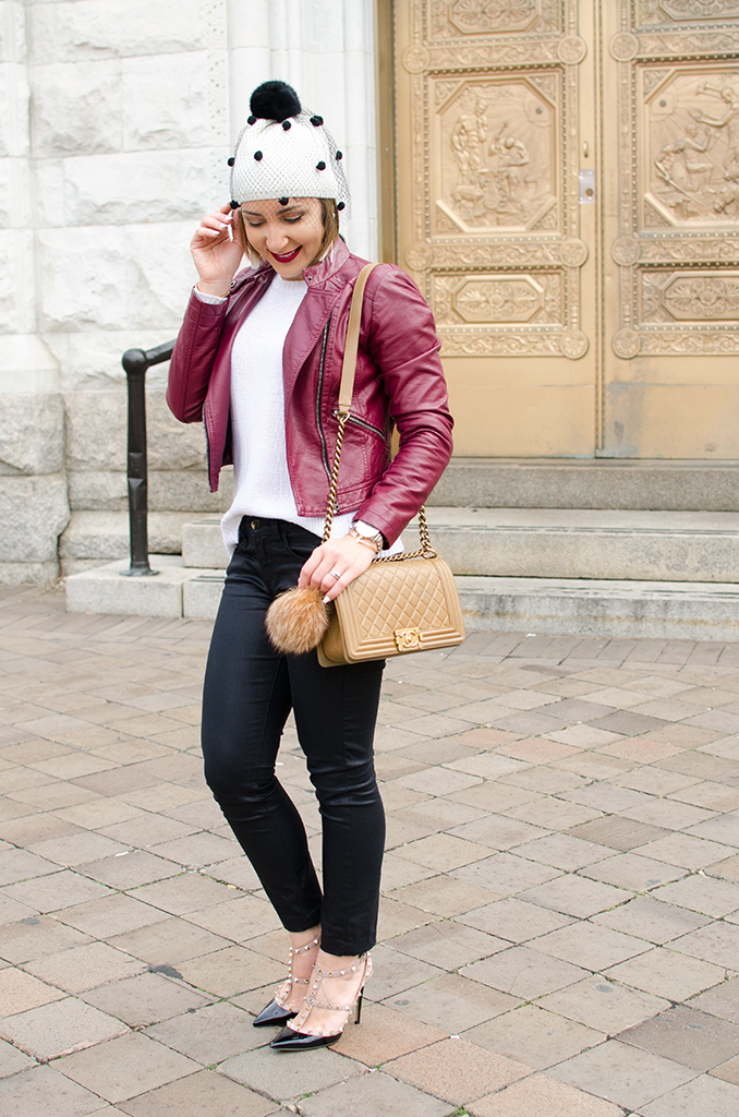Blame-it-on-Mei-Miami-Fashion-Blogger-2017-Casual-Fall-Winter-Look-Knit-Sweater-with-Moto-Burgundy-Oxblood-Maroon-Jacket-Tulle-Pom-Pom-Beanie-Chanel-Boy-Valentino-Sandals-Washington-DC
