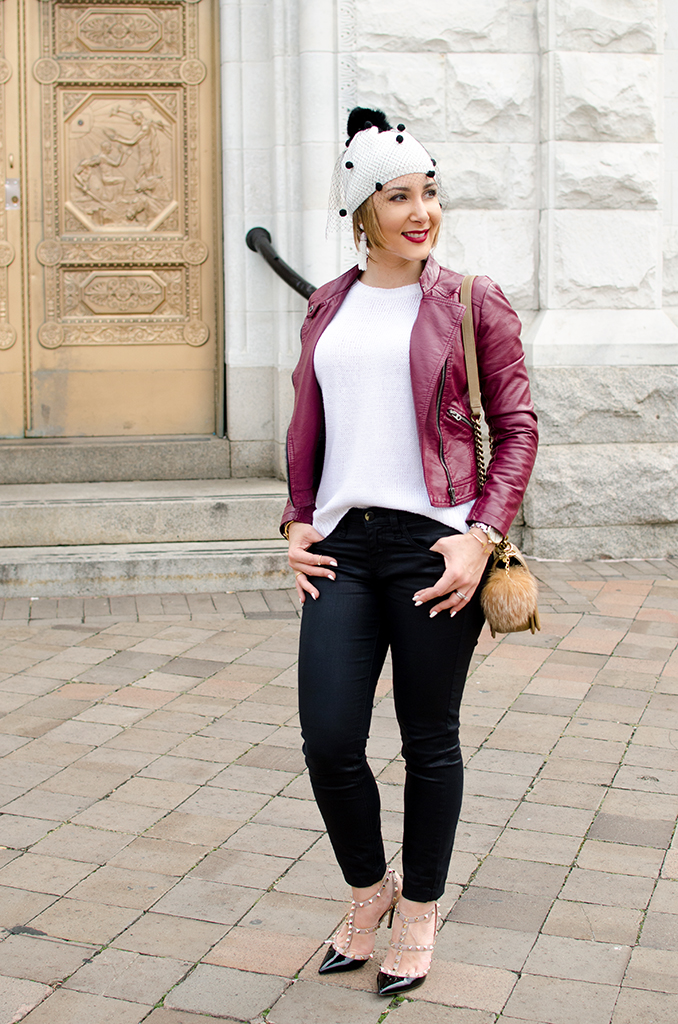 Blame-it-on-Mei-Miami-Fashion-Blogger-2017-Casual-Fall-Winter-Look-Knit-Sweater-with-Moto-Burgundy-Oxblood-Maroon-Jacket-Tulle-Pom-Pom-Beanie-Chanel-Boy-Valentino-Sandals-Washington-DC